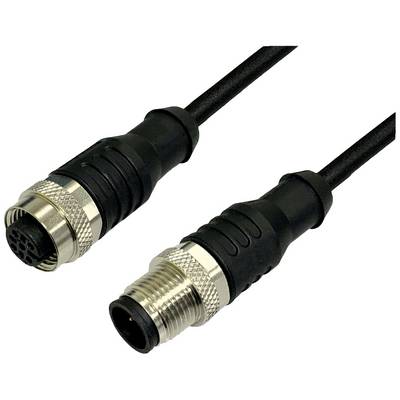 Two black connector cables with metal threaded connections, one socket and one plug, are lying side by side on a white background.