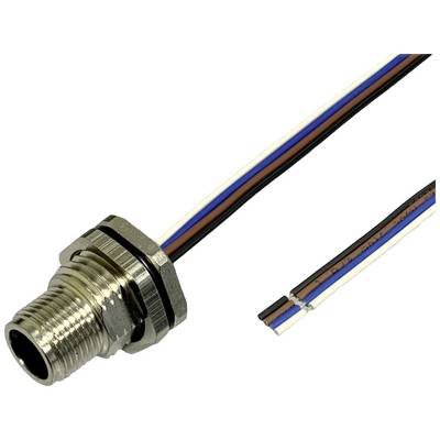 Metal plug with four coloured wires: brown, blue, black, white. Suitable for electrical connection or installation.