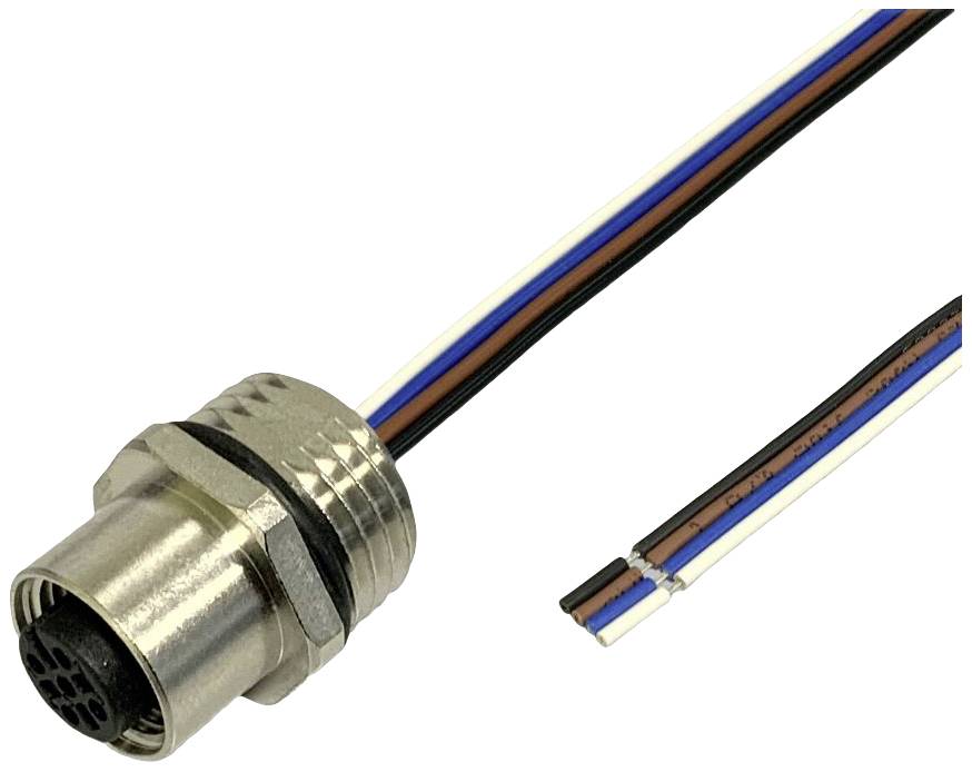 Metallic multi-pin plug with exposed wire ends in various colours: blue, brown, black and white, on a white background.