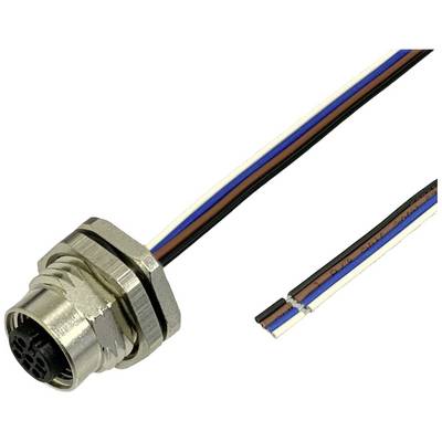 Metallic connector with two cables in black, white, and blue. Cable ends are stripped and reveal copper wires.