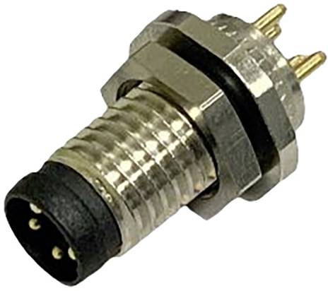 Plug with a metal housing and three golden contact pins. Used for electrical connections in technical devices.