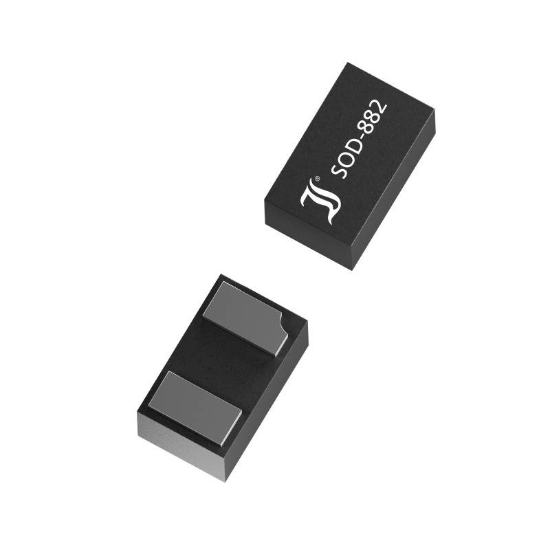 Two black electronic components with the inscription 'SOD-882'. They are rectangular, one showing the underside, the other the top side.