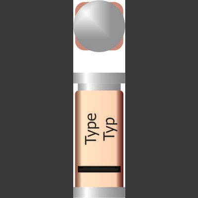 A grey metal sphere on a reddish mount and a vertical cylinder with the inscription 'Type' and 'Typ' in black.