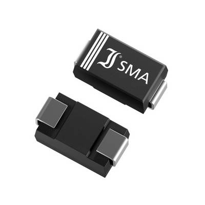 Two black electronic components with silver connections, marked with 'SMA'. Top and side views shown.