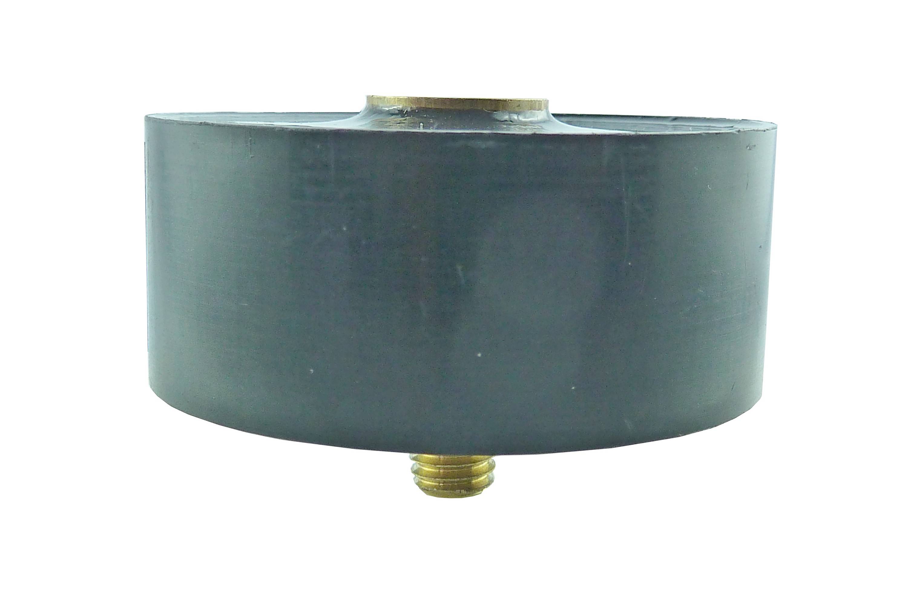 Black, cylindrical rubber disc with a golden metal threaded screw on its underside, viewed from the side.