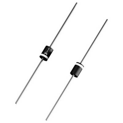 Two axial-lead electronic diodes on a white background, each with a black cylindrical body and silver leads.<br>