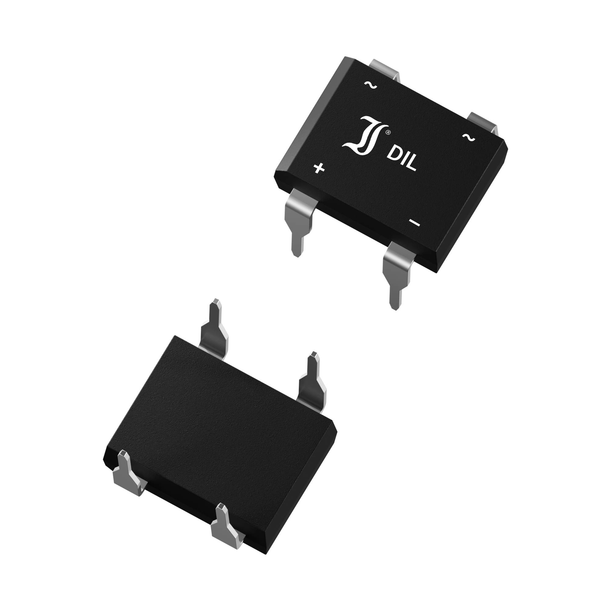 Two black electronic components in a DIL package. They each have four pins and display a '+' and '-' symbol on the top surface.