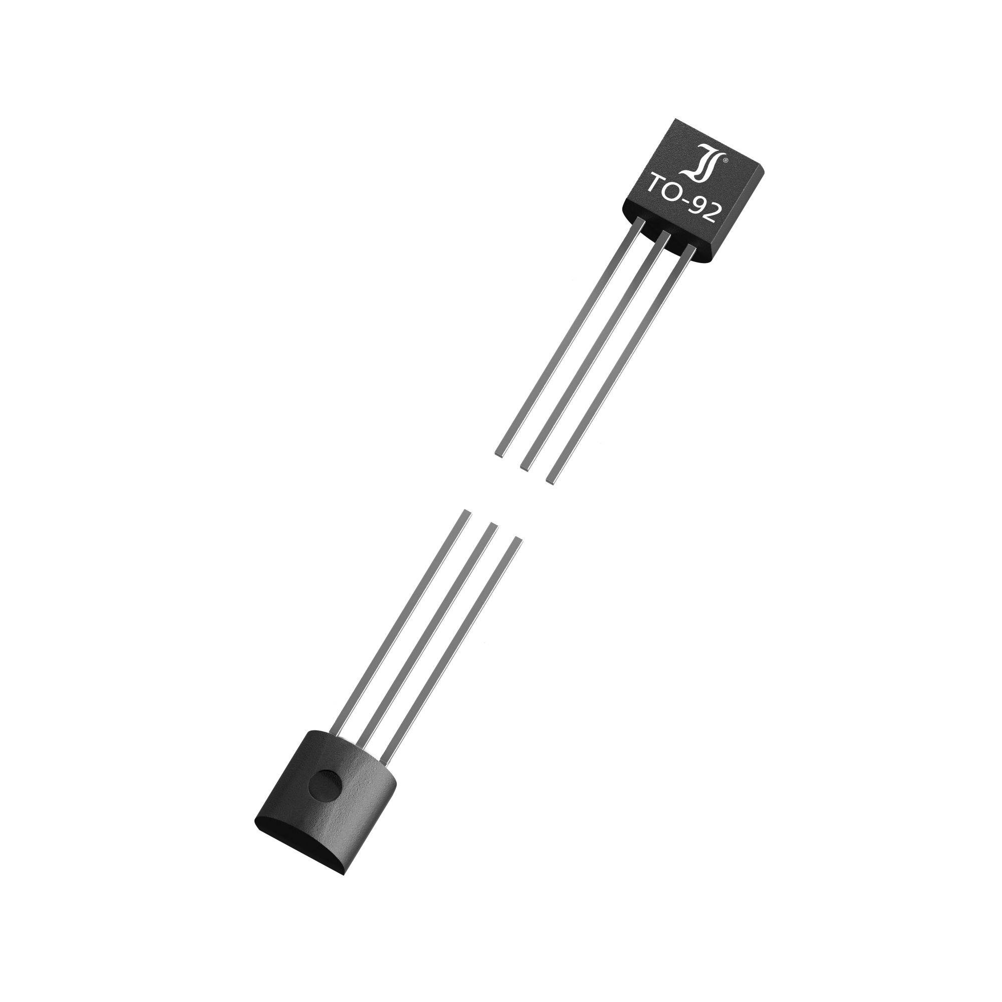 A transistor in a TO-92 package with visibly three connecting pins. At the top, there is a rectangular, black body with a marking.
