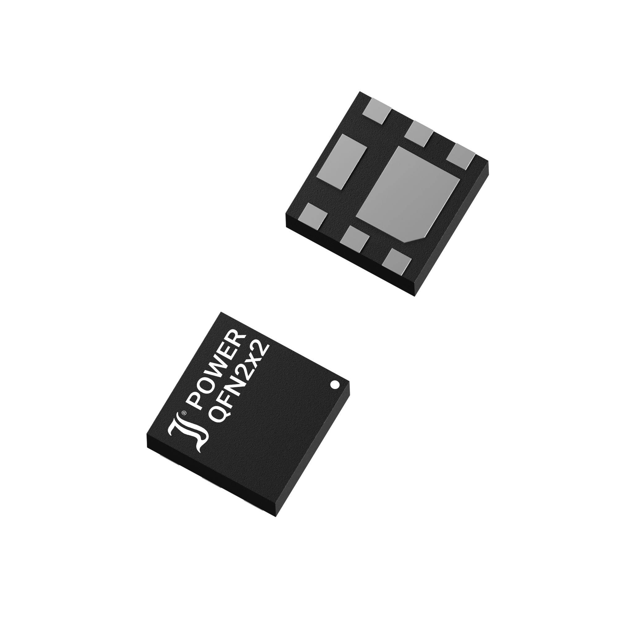 Two small, square microchips on a white background; one displays the inscription 'POWER QFN2x2', both have metallic contact surfaces.