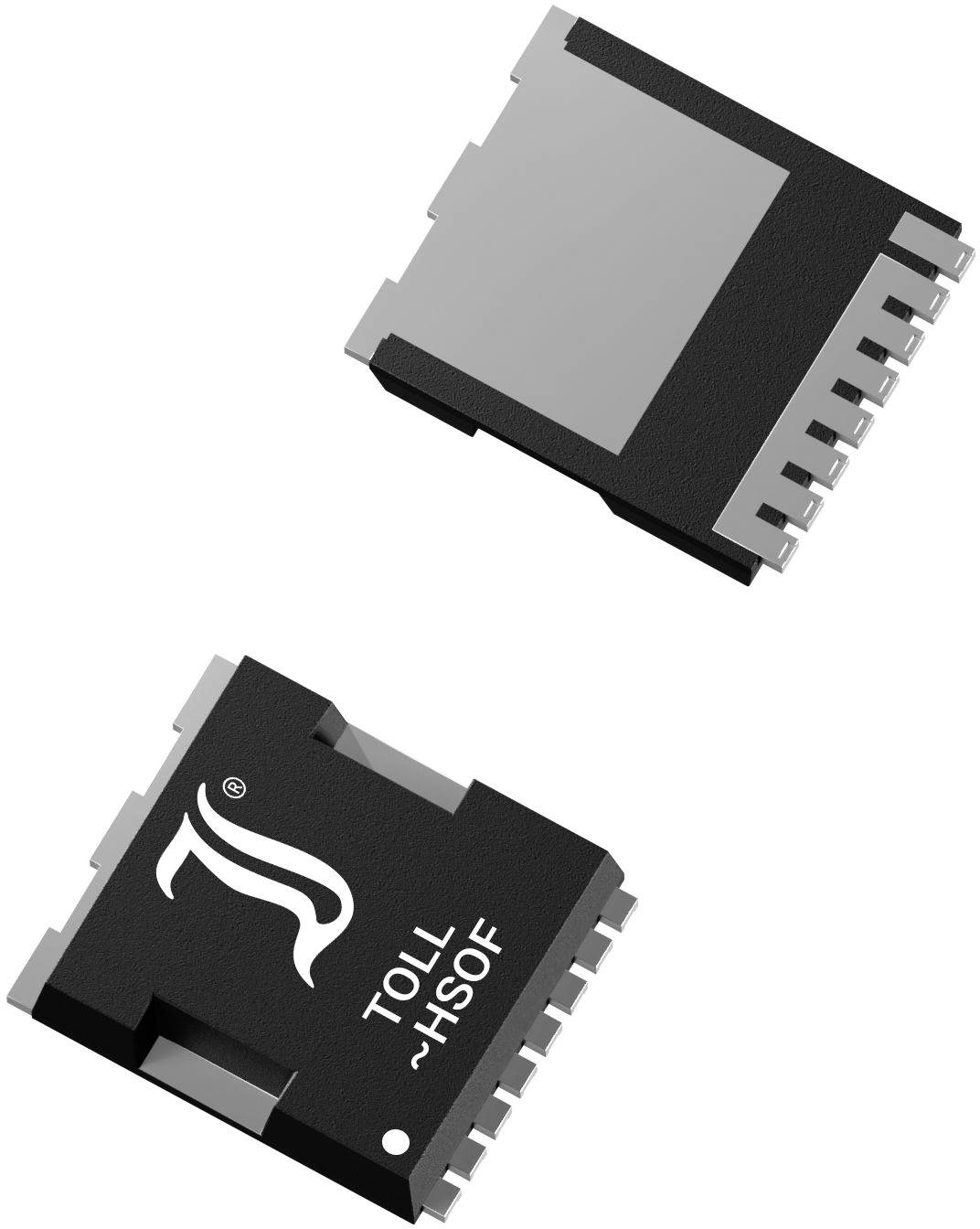 Two electronic components in chip form with the inscription 'TOLL HSD F', lying side by side.