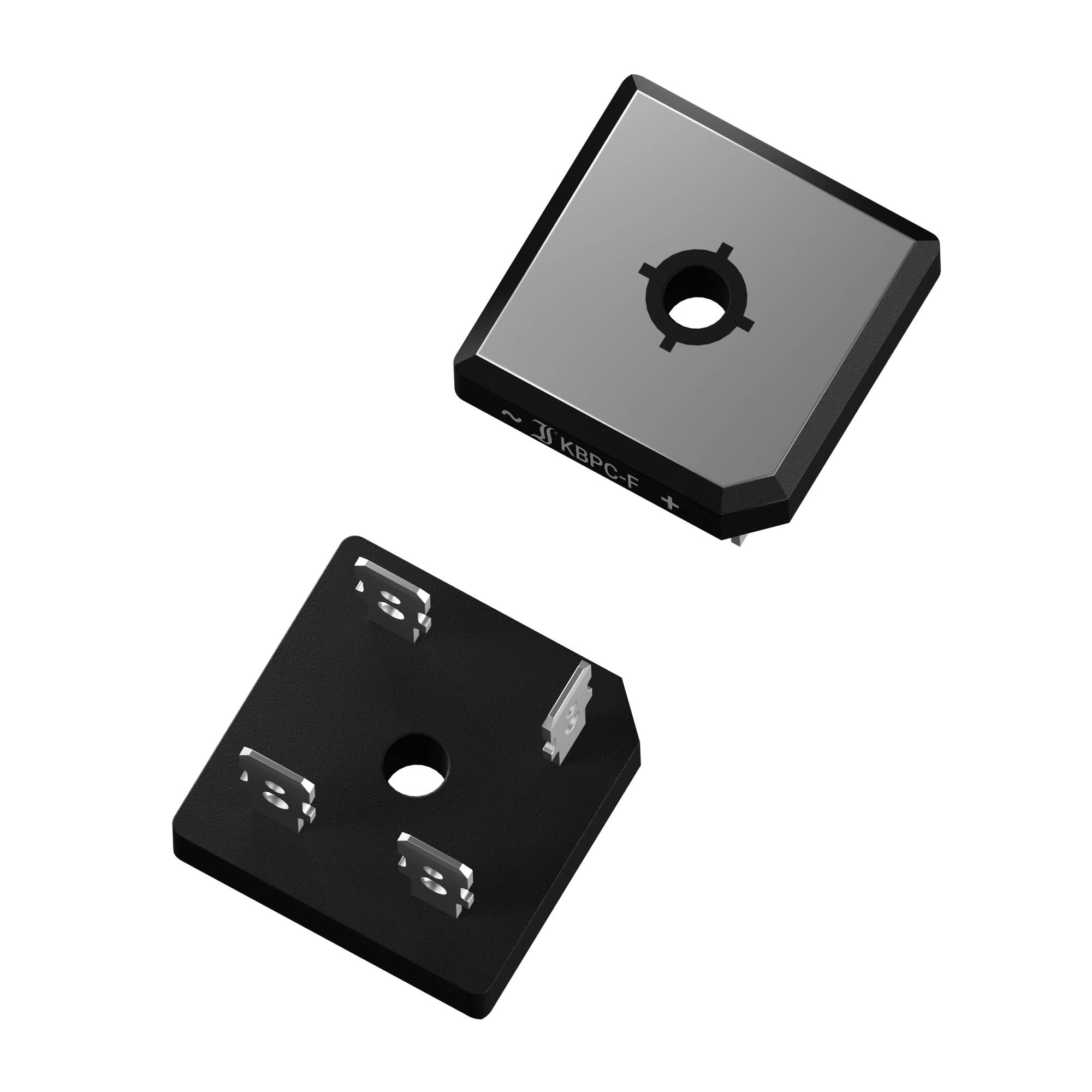 Two black electronic bridge rectifiers, one viewed from above, one from below, with connection terminals at the corners.