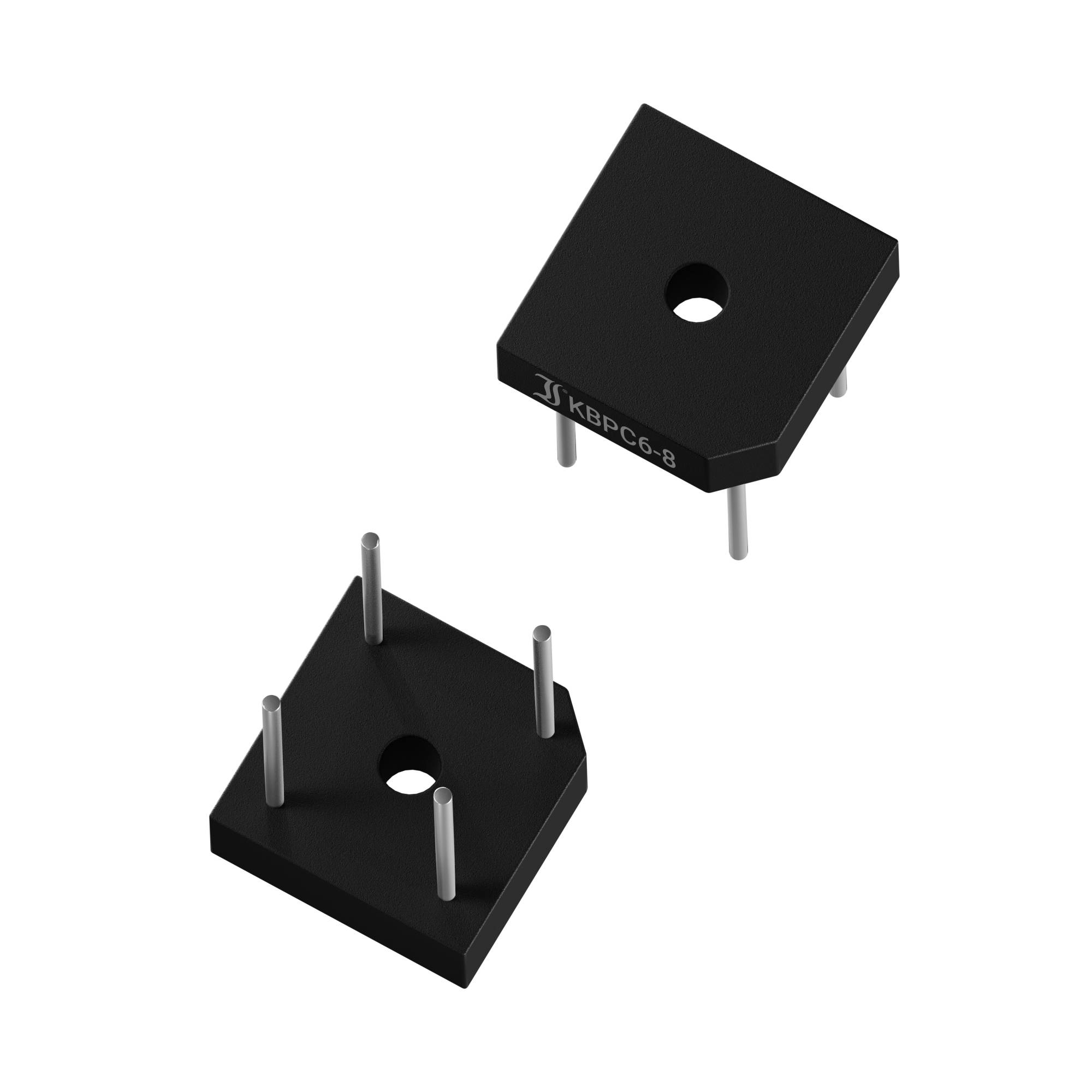 Two black, square electronic components with metallic pins, presumably rectifiers, on a white background.