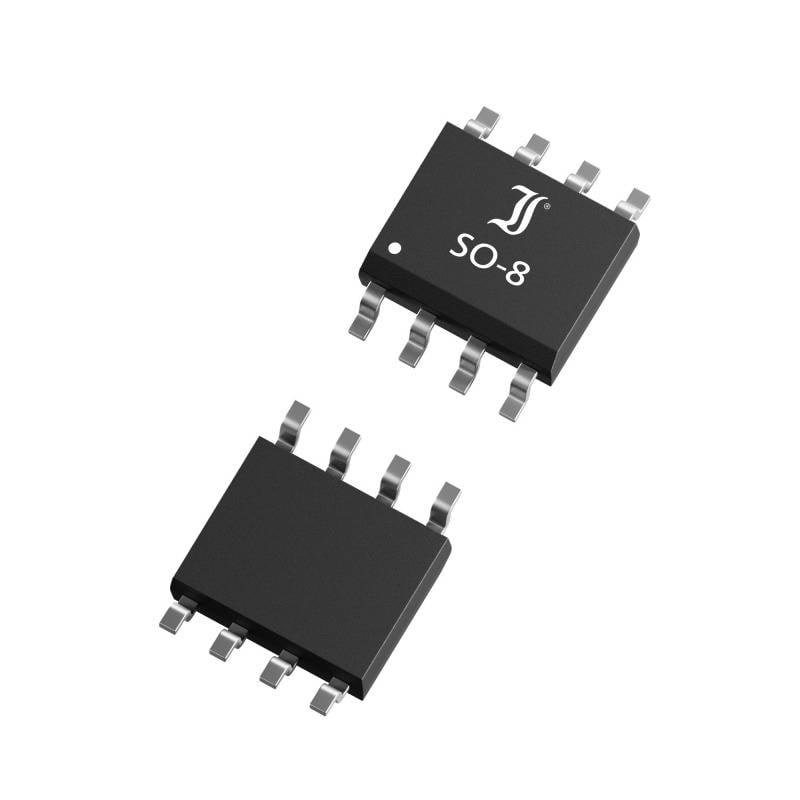 Two black integrated circuits in SO-8 packages with eight pins. They are suitable for electronic applications.