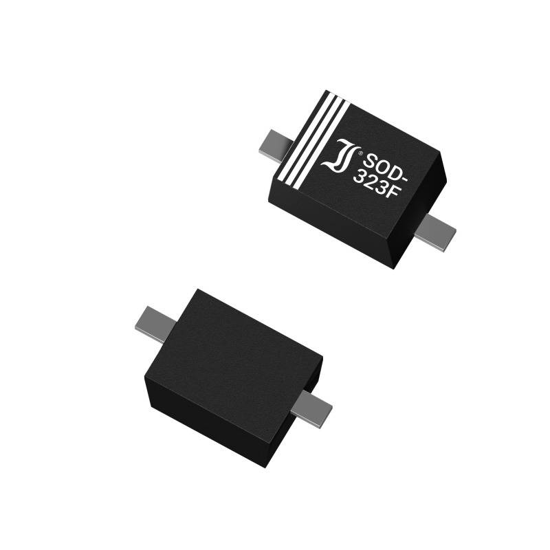 Two black semiconductor packages in SOD-323F format with silver connections, one marked with 'SOD-323F'.