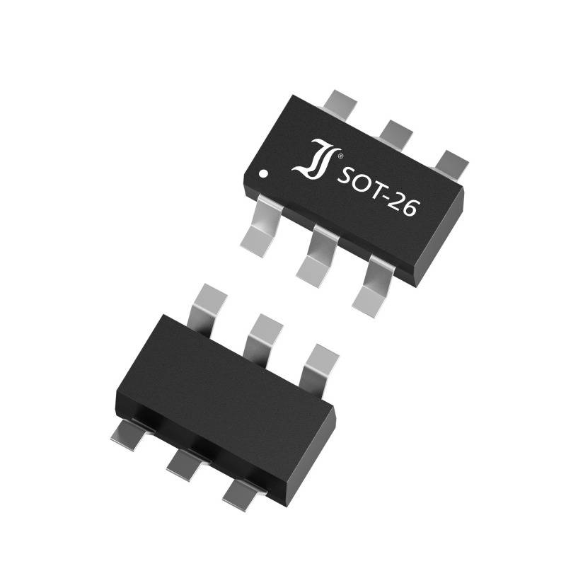 Two black semiconductor components in a SOT-26 package, each with six pins. One component is marked 'SOT-26'.