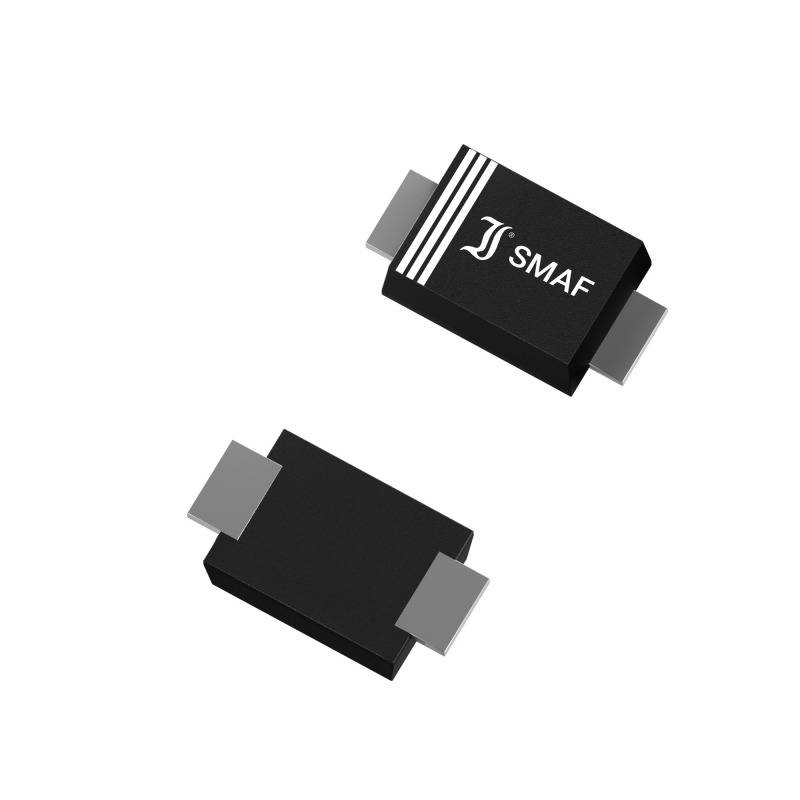 Two black electronic diodes with metal contacts, one displaying the inscription 'SMAF'.
