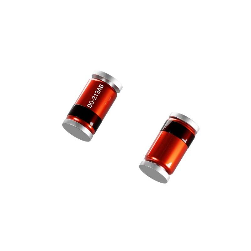Two cylindrical, red diodes with a black band and the inscription 'DO-214AB'. They are positioned against a white background.