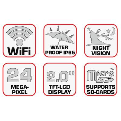 'Wi-Fi', 'Waterproof IP65', 'Night Vision', '24 Megapixel', '2.0" TFT-LCD Display', 'Supports SD Cards' - Technological Features.