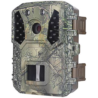 Wildlife camera with camouflage pattern, infrared LEDs and sensors, suitable for night-time recordings in nature monitoring.