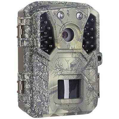 A camouflage trail camera with infrared lights and motion sensor, suitable for monitoring animal movements in the outdoors.