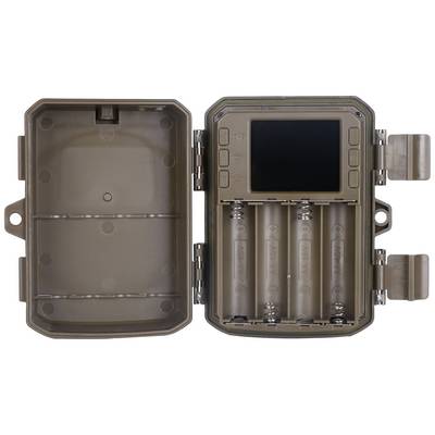 Brown, open trail camera with battery compartment and small internal screen. Suitable for monitoring wildlife outdoors.