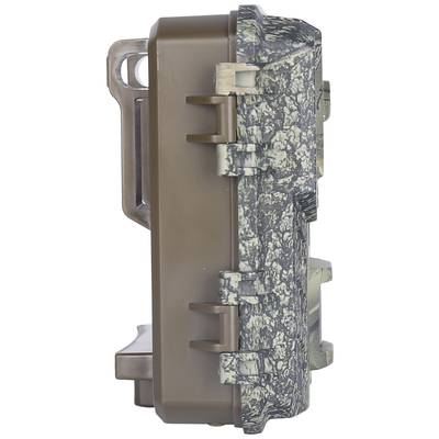 Wildlife camera with camouflage surface in brown tones. Side view shows robust construction and mounting options.