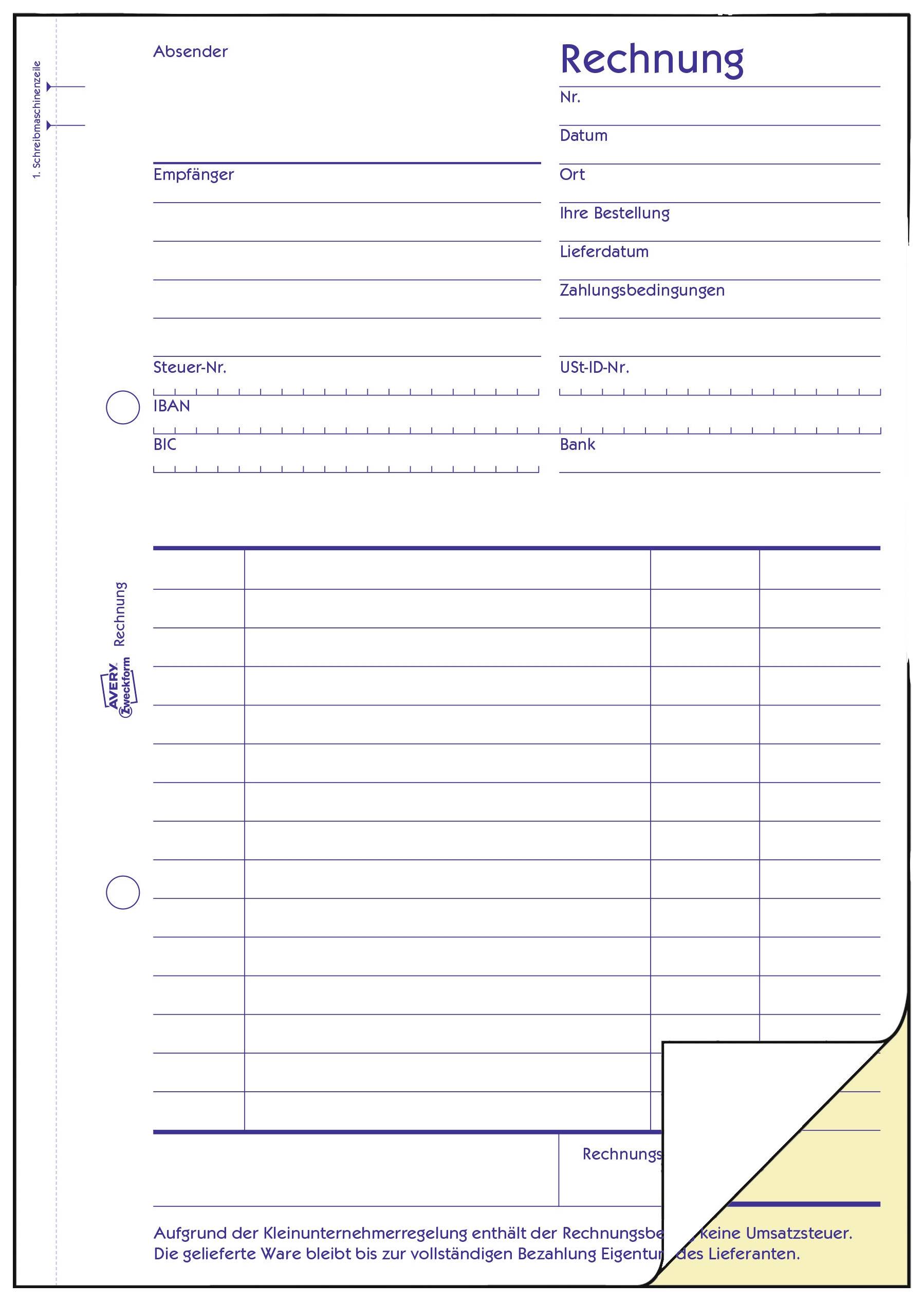 Invoice with fields for sender, recipient, date, location, delivery date, tax number, bank details, and payment terms.