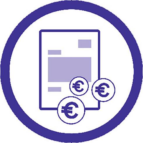 A symbol shows a document with three euro signs beside it. It represents financial topics or invoices.