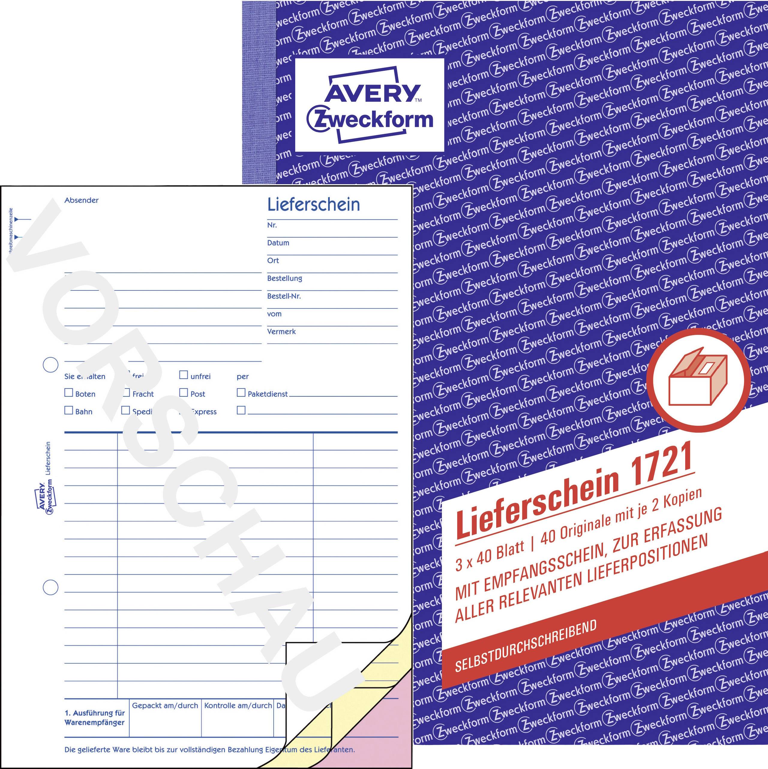'Delivery Note 1721' form by Avery Zweckform. Double-sided with sender, recipient, and delivery details. Contains three sheets.