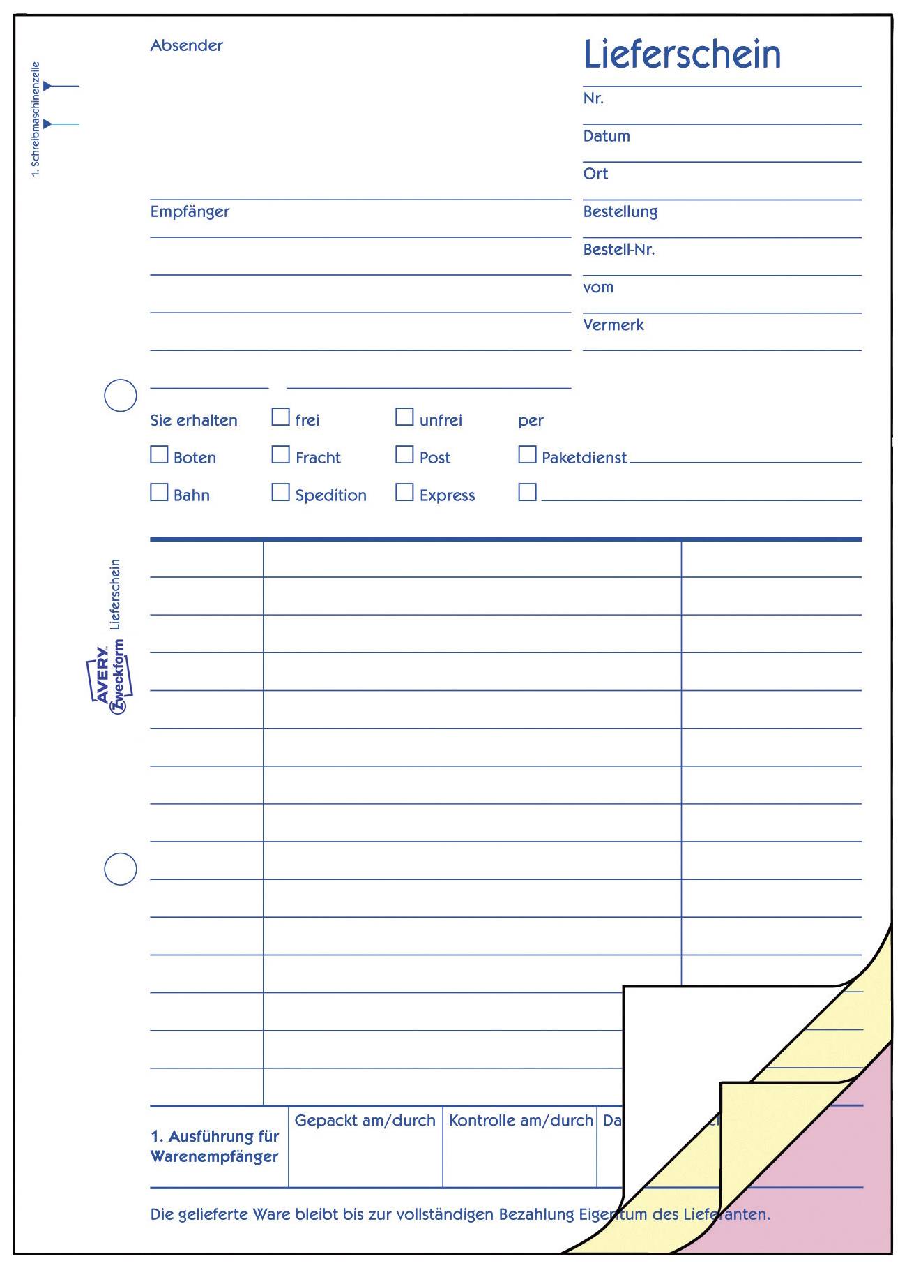 Delivery Note Form with fields for sender, recipient, date, order information, and delivery method. Includes carbon copy sheets.