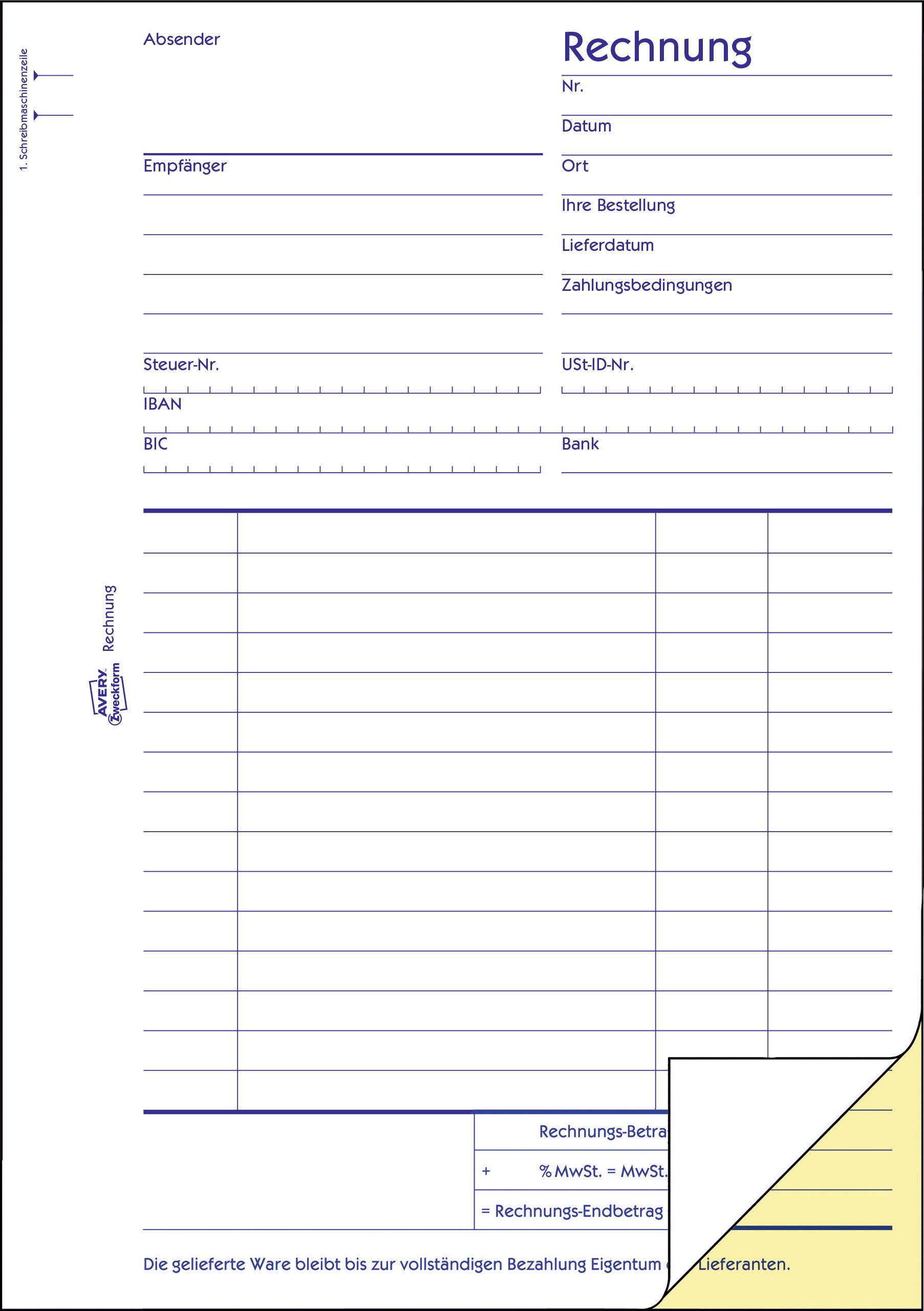 Invoice with tables for Date, Recipient, Order Number, Delivery Location, and Payment Terms. Space for Line Items and Total Amounts.