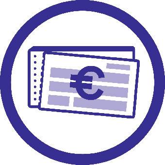 Euro symbol on a banknote within a blue circle. Symbolises financial transactions or currency.