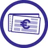 Euro symbol on a banknote within a blue circle. Symbolises financial transactions or currency.