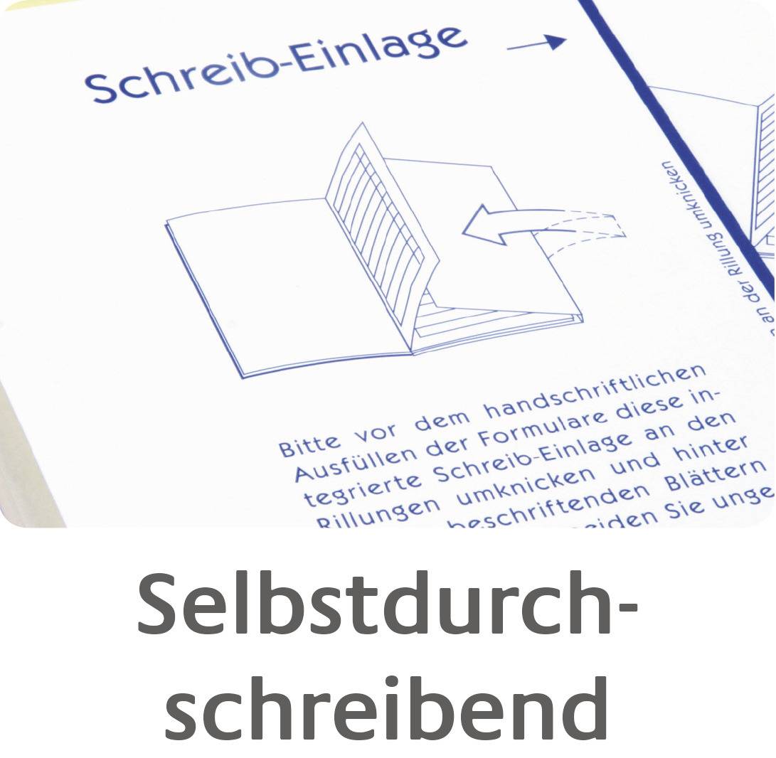 "Self-copying" appears beneath an illustration of a form set with a carbon copy function.