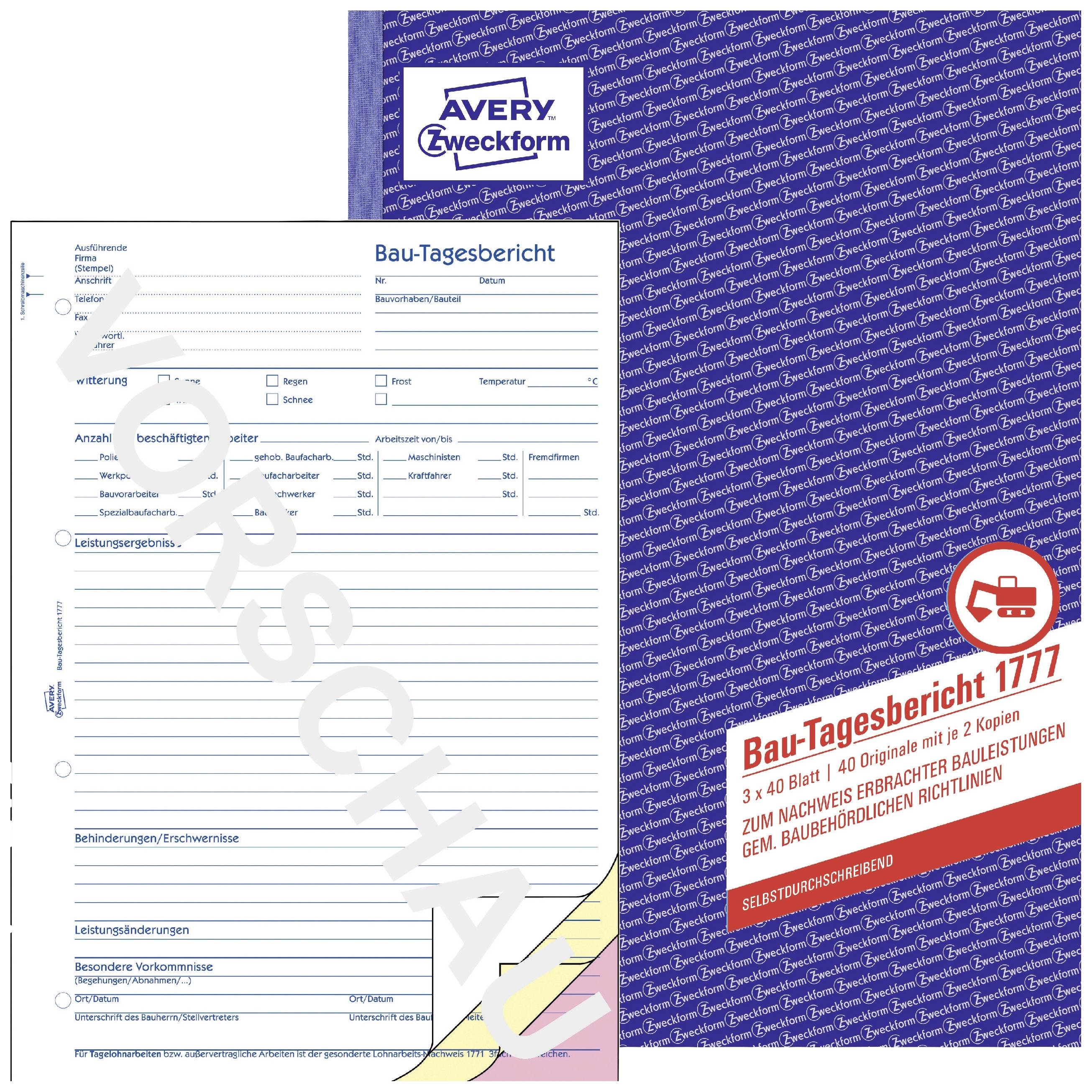 'Construction Daily Report Form 1777' in blue with space for notes on construction performance and weather conditions. Photocopy with two carbon copies.