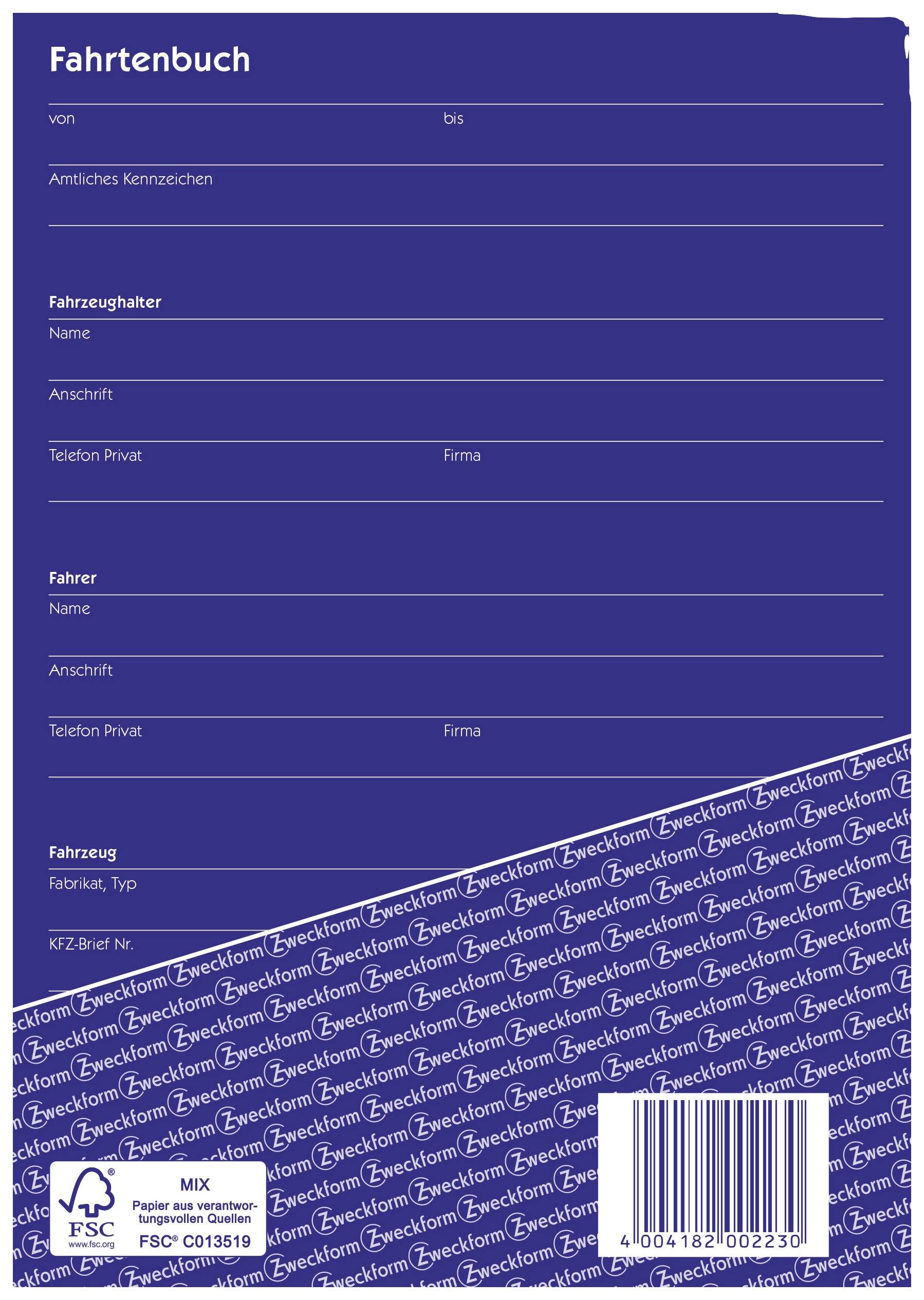 Blue logbook with sections for vehicle, driver, and keeper information. Contains fields for 'Registration Number' and 'Vehicle Type'.