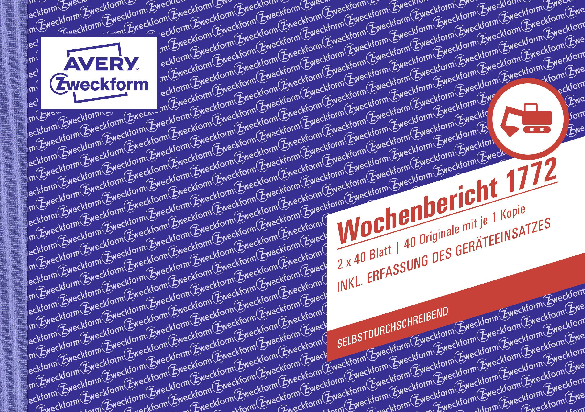 'Weekly Report 1772' by Avery Zweckform, contains 2x40 sheets. For recording equipment usage, self-copying.