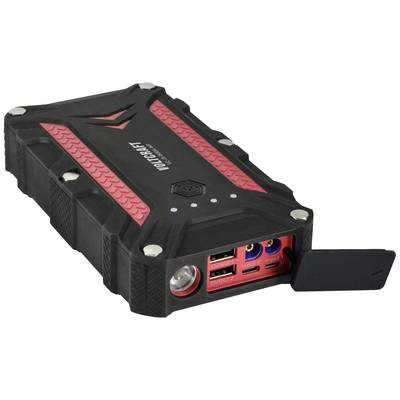 A portable charger with a rugged casing. It features USB ports and a built-in torch. Perfect for emergencies when out and about.