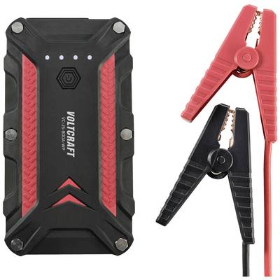 Black and red battery charger with two clamps. Clamps are red and black, for connecting to car batteries. Device has an LED display.