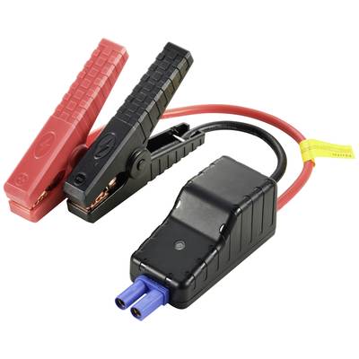 Black and red jump leads with crocodile clips, connected to an adapter, for jump-starting cars with a flat battery.