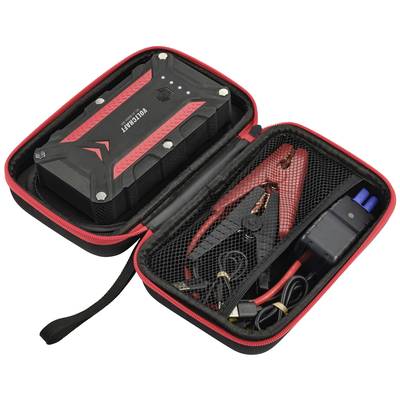 Portable jump starter in an open case with battery clamps and chargers, ready for use in automotive emergencies.