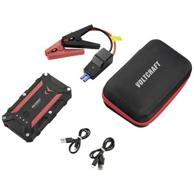 Portable jump starter kit comprising a portable charger, jump leads, USB cables, and a black protective case.
