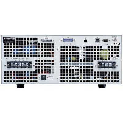 Back of an electronic device with ventilation grilles and various ports and switches located in the upper and lower areas.