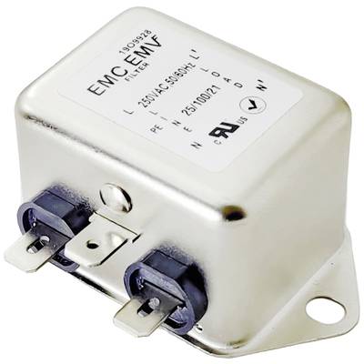 A rectangular EMI filter with a metal enclosure and white label. It has connection pins and markings for voltage and current.