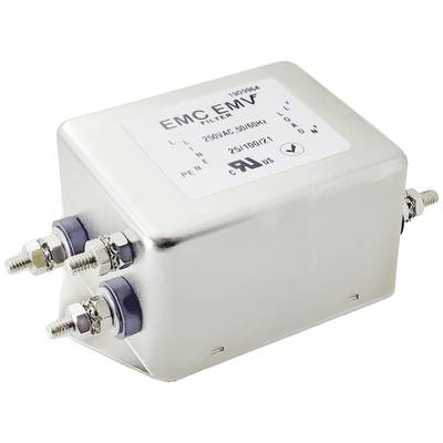 'Metallic enclosure of an EMC filter with labels. Two screw terminals on the left side. Suitable for 250V AC.'