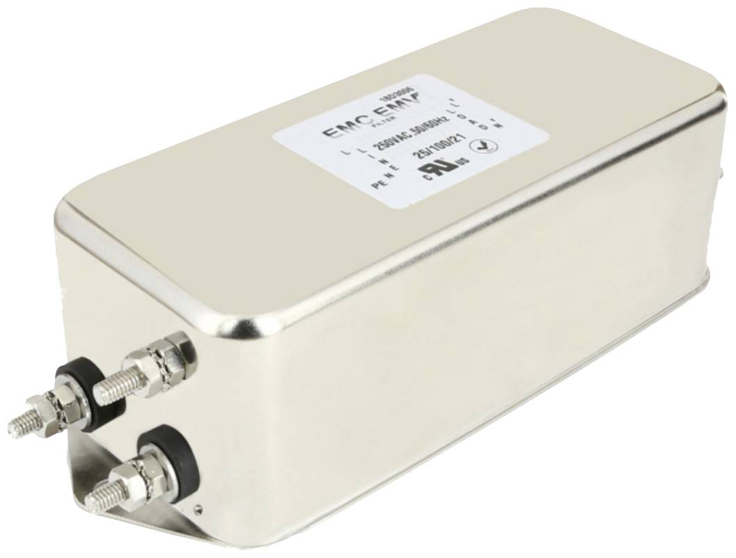 Rectangular EMC filter with metal enclosure and two screw terminals. Label with technical specifications and symbols visible.