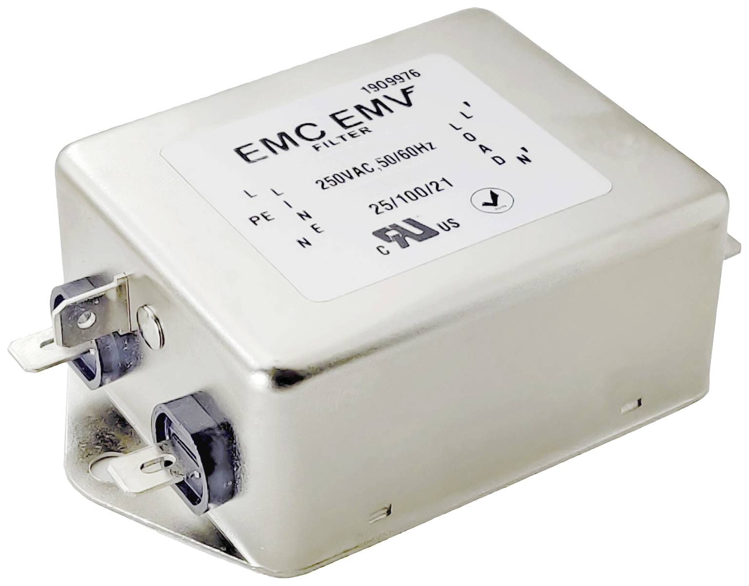 A rectangular electronic filter labelled 'EMC EMV Filter'. Suitable for 250V AC, 50/60Hz; tested in accordance with global standards.
