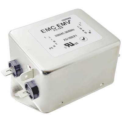 A rectangular metal EMC filter for 250V AC with side connections. Inscription: 'EMC Filter, 250VAC 50/60Hz'.