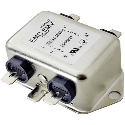 Metallic electromagnetic filter labelled 'EMC EMI Filter L 250V AC 50/60Hz'. Equipped with multiple connection pins.