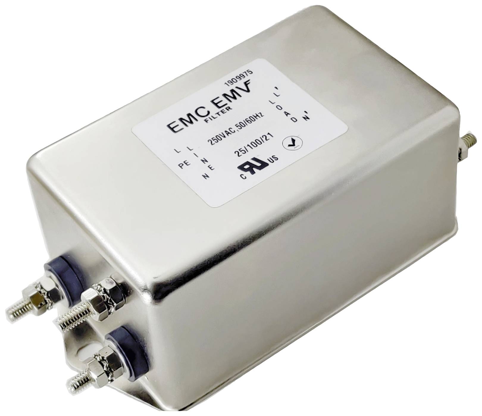 Rectangular metallic EMC filter housing with connections. Marking shows '250 VAC 50/60 Hz 25/100 A'.